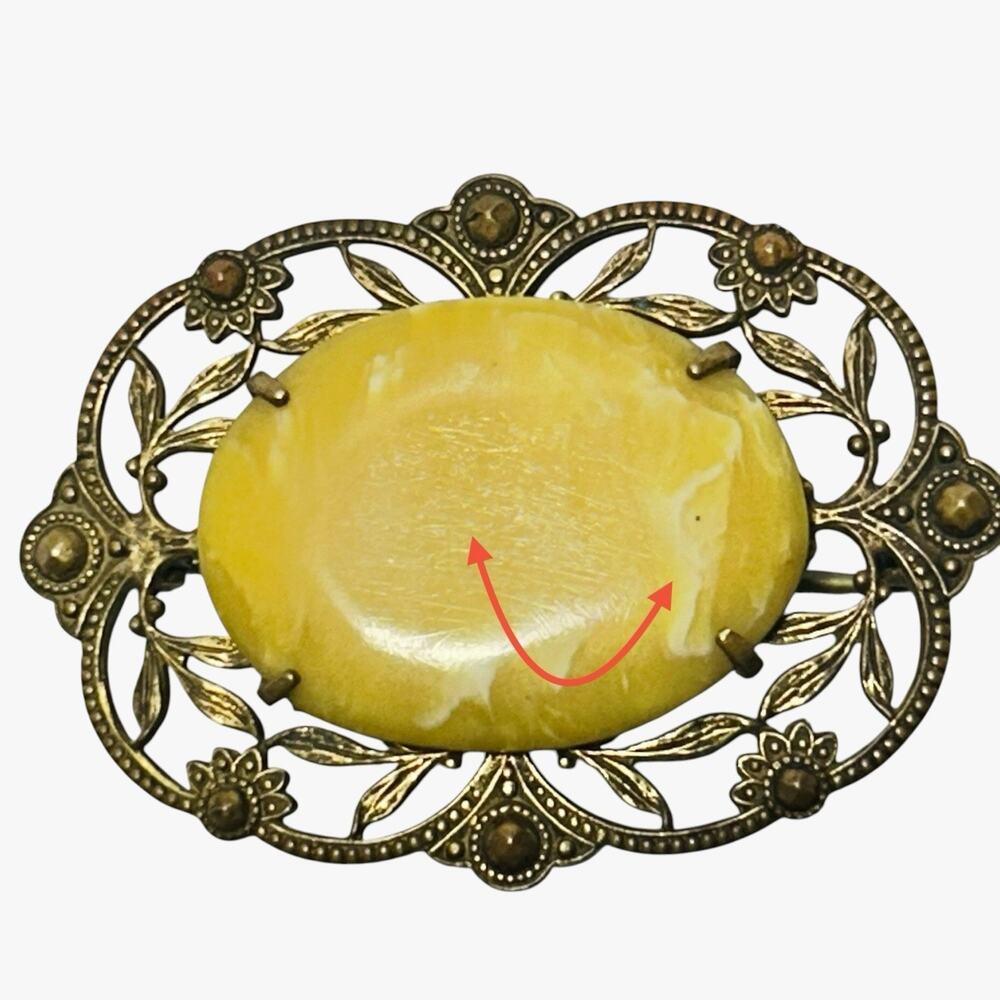 Vintage Amber Cabochon Brooch Filigree Bronze Tone Victorian Revival - Picture 9 of 12